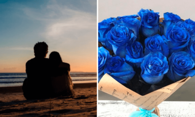 Pareja celebrando el Día del Novio 2023 con flores azules y dedicatorias"