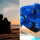 Pareja celebrando el Día del Novio 2023 con flores azules y dedicatorias"