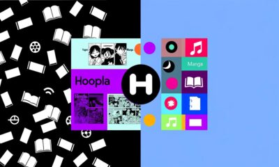 Contraste entre Yugen Manga y Hoopla representado por páginas de manga y iconos multimedia.