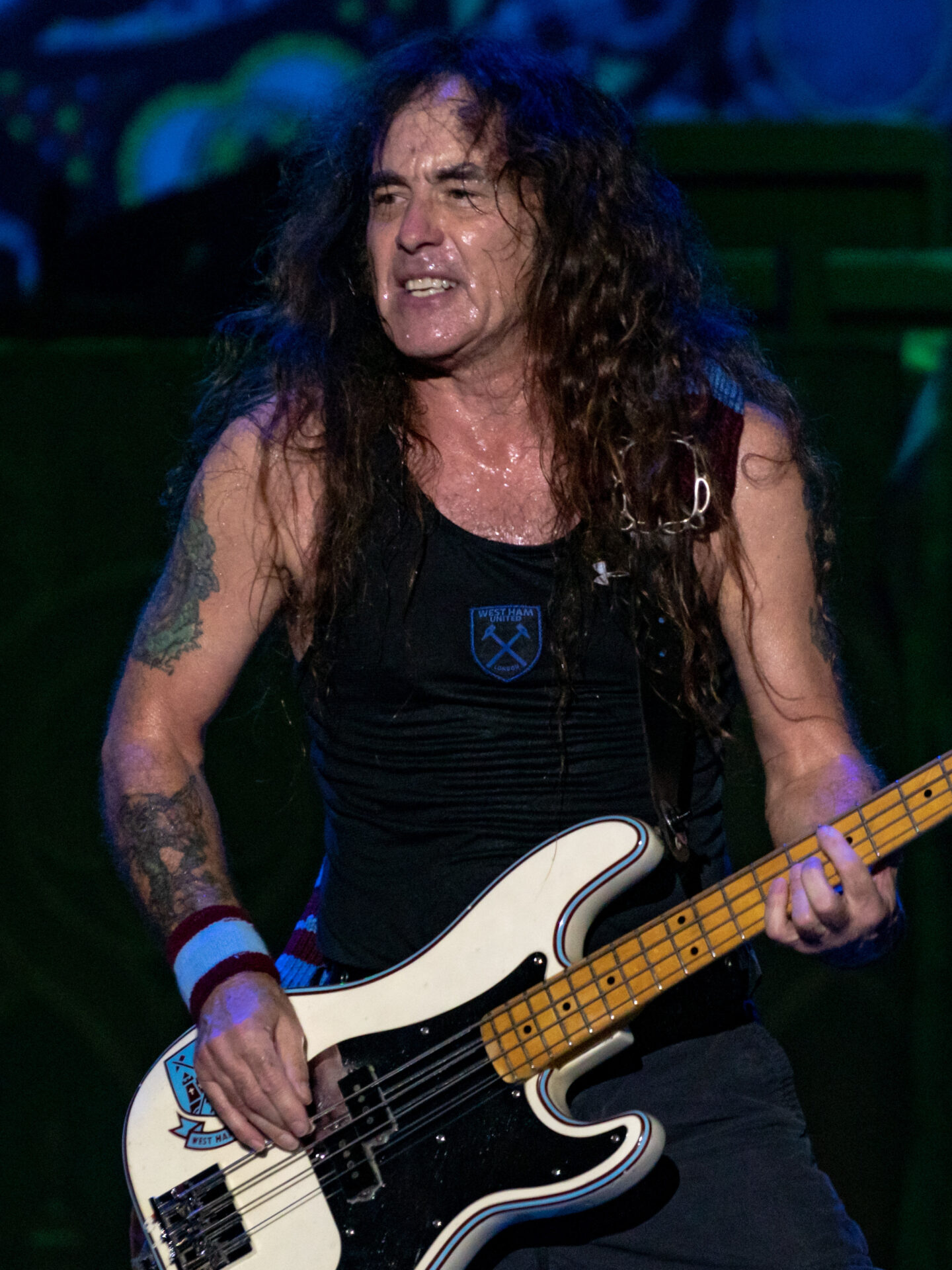 Steve Harris bajista y fundador de Iron Maiden tocando en vivo en el O2 Arena durante una gira reciente