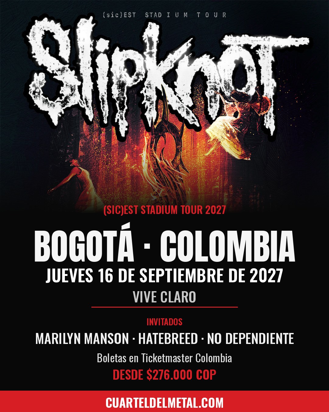 Flyer de Slipknot en Bogotá, Vive Claro, 16 de septiembre de 2027