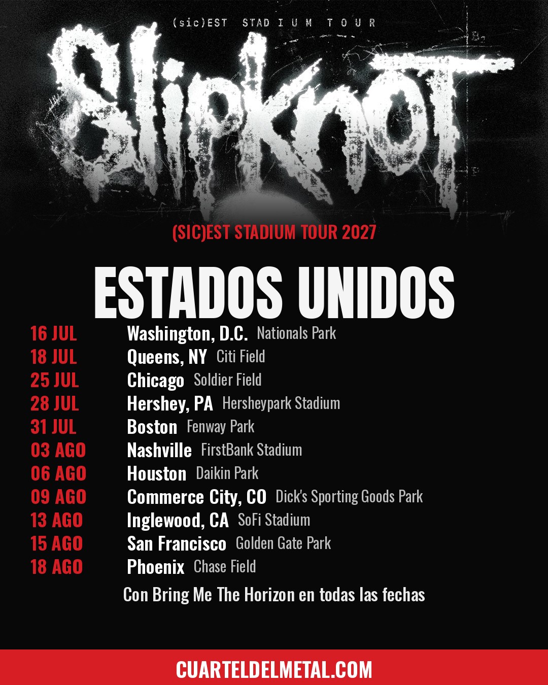 Flyer con las 11 fechas de Slipknot en Estados Unidos en 2027