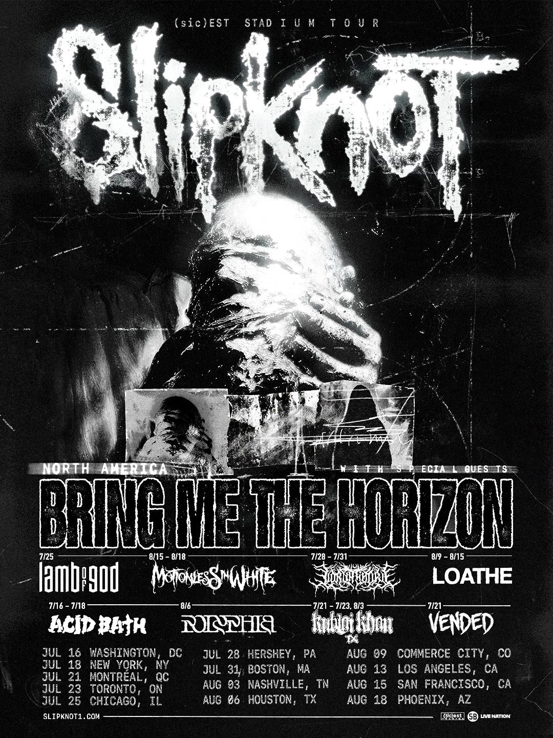 Póster oficial de la gira de Slipknot por Norteamérica 2027 con Bring Me The Horizon
