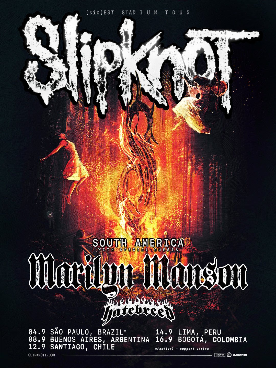 Póster oficial de la gira de Slipknot por Sudamérica 2027 con Marilyn Manson y Hatebreed