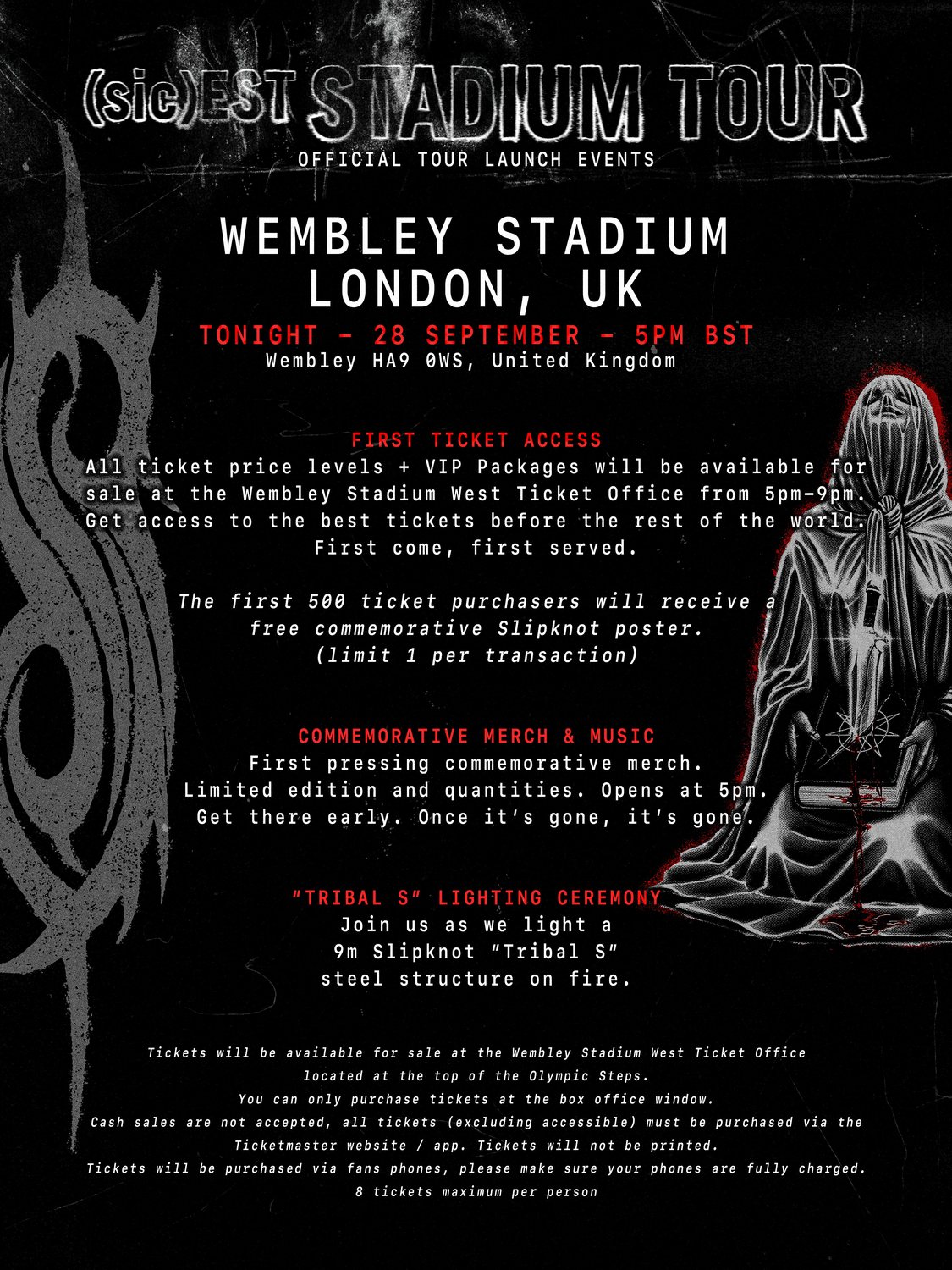 Cartel oficial del evento de lanzamiento de Slipknot en Wembley Stadium con la ceremonia del Tribal S